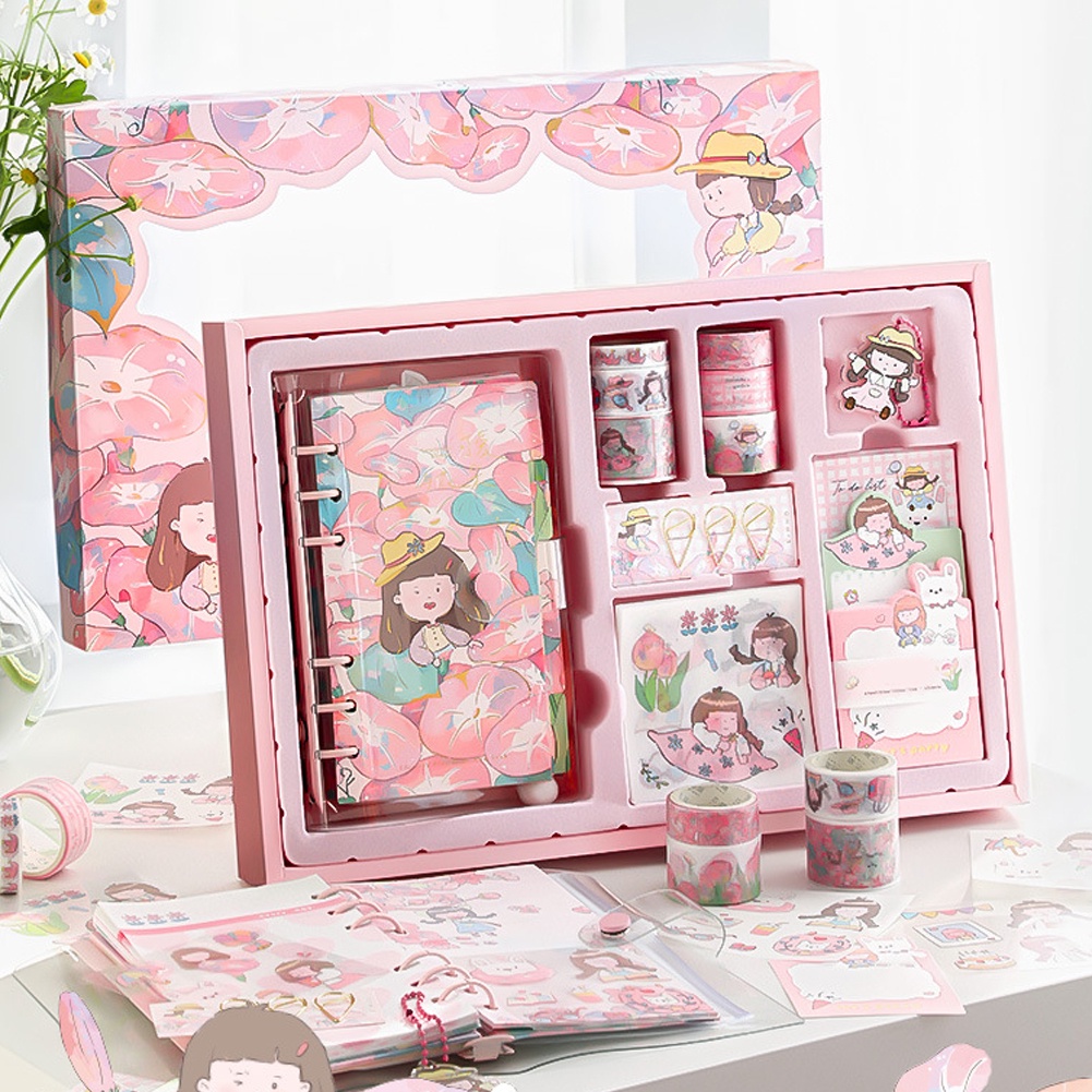 

（merah muda & ungu）187pcs Journal Kit Set Gift Box / Paket Set Agenda / Notebook lucu/diary lucu / Buku Tulis Catatan Karak