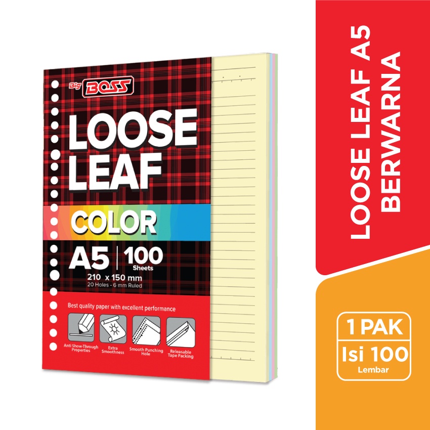 

Kertas Binder BIG BOSS Loose Leaf Color Rainbow A5 100 Lembar