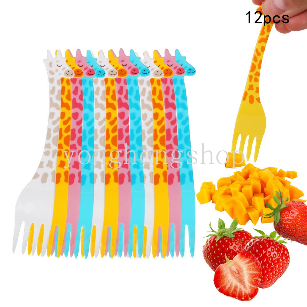 12pcs / set Cartoon Giraffe Shaped Fruit Fork Food Picks Party Snack Salad Desert Cake Forks Toothpick Cutleries Kids Bento Tool Kitchen Accessories