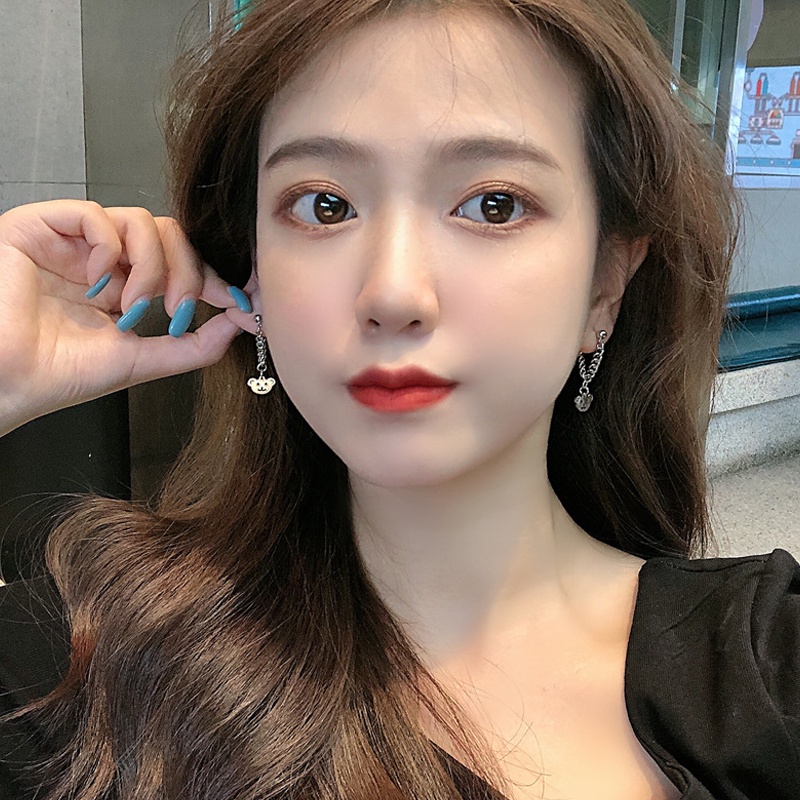Papaozhu Trendi Rantai Kaitan Perak Beruang Lucu Menjuntai Anting Untuk Wanita Perempuan Temperamen Drop Earrings Engagement Daily Ear Accessories