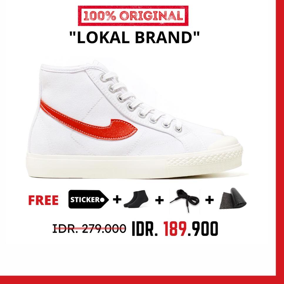 [ART. 549602] ORIGINAL - Sepatu Brand Lokal Kasual Pria Wanita No Brand White Red Hi Not Sneakers Co