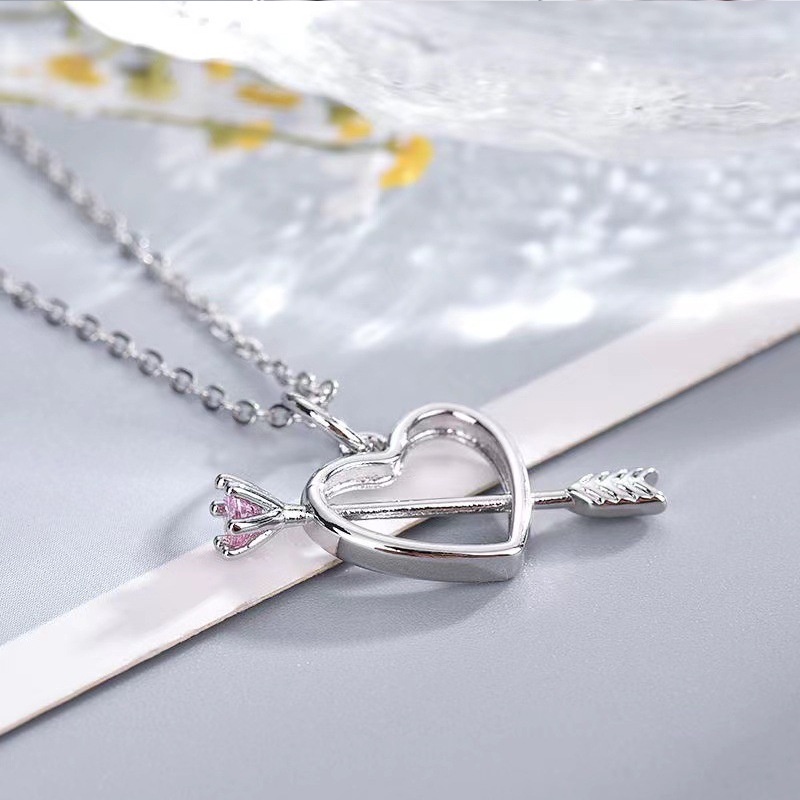 IFYOU Fashion Satu-arrow Pierce Heart Necklace Pink Crystal Hollow-out Rantai Perak Choker Untuk Aksesoris Perhiasan Wanita