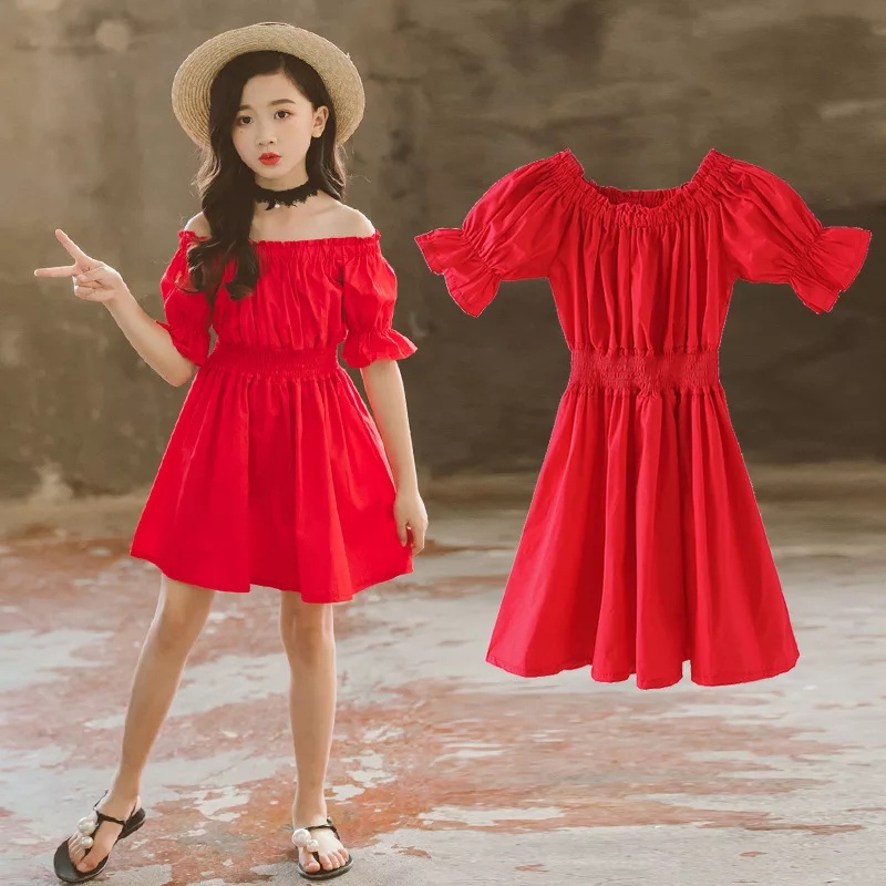 Midi Dress Anak Sabrina Off Shoulder lengan pendek Puff Kerut Pinggang Polos Selutut Usia 2 samapi 1