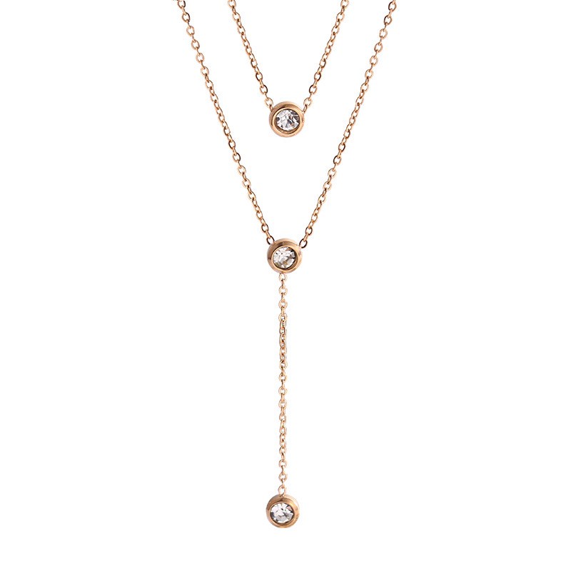 Kalung Rantai Klavikula Bahan Titanium Steel Plated 18K Rose Gold Aksen Berlian Rumbai Gaya Korea Untuk Wanita