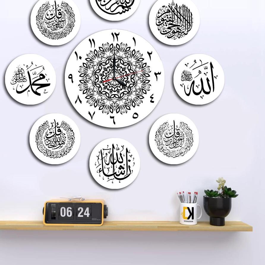 ♚ Jam Dinding Kayu Bulat Jumbo 1 Set Kaligrafi  ☂