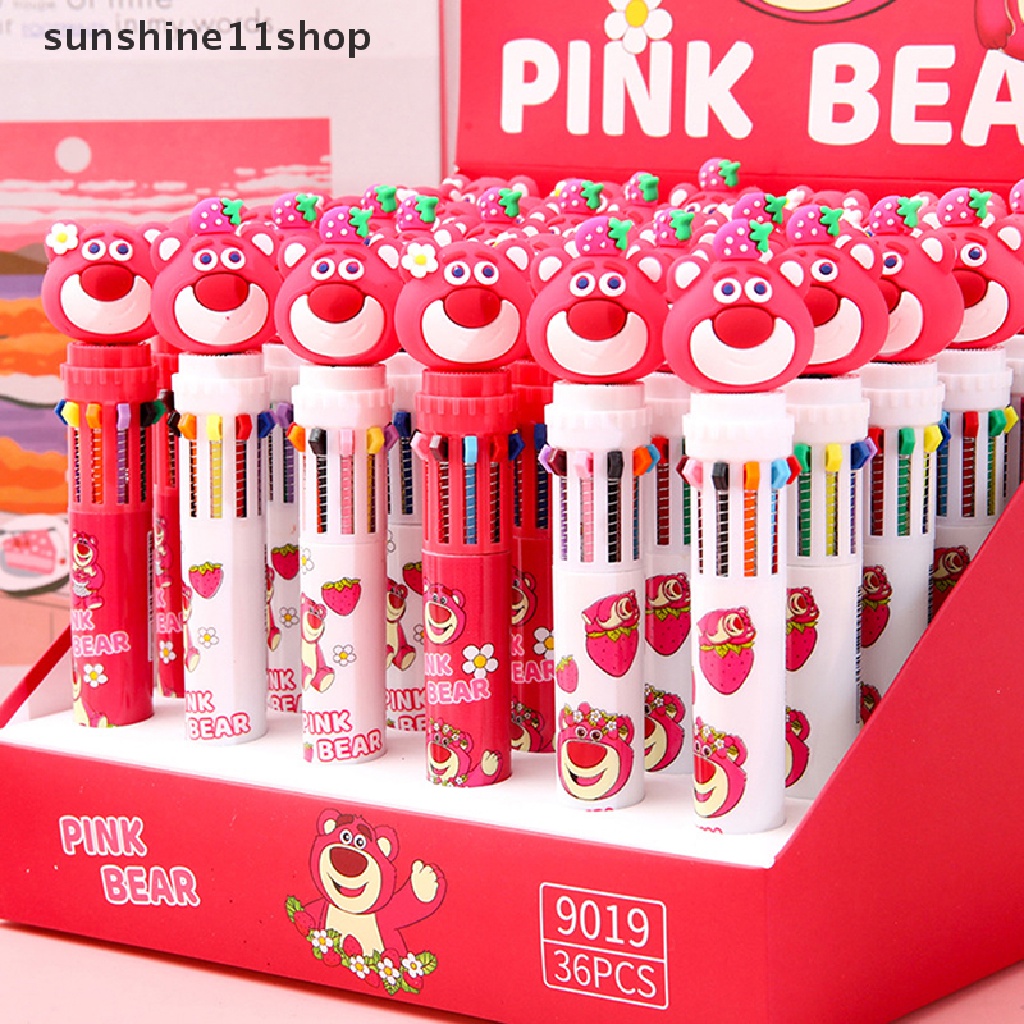 Sho Strawberry Bear 10warna Pulpen Bolpoin Multi Warna Kawaii Kartun Press-type Color Pen Alat Tulis Sekolah Multi-Fungsi Supply Hadiah Alat Tulis N