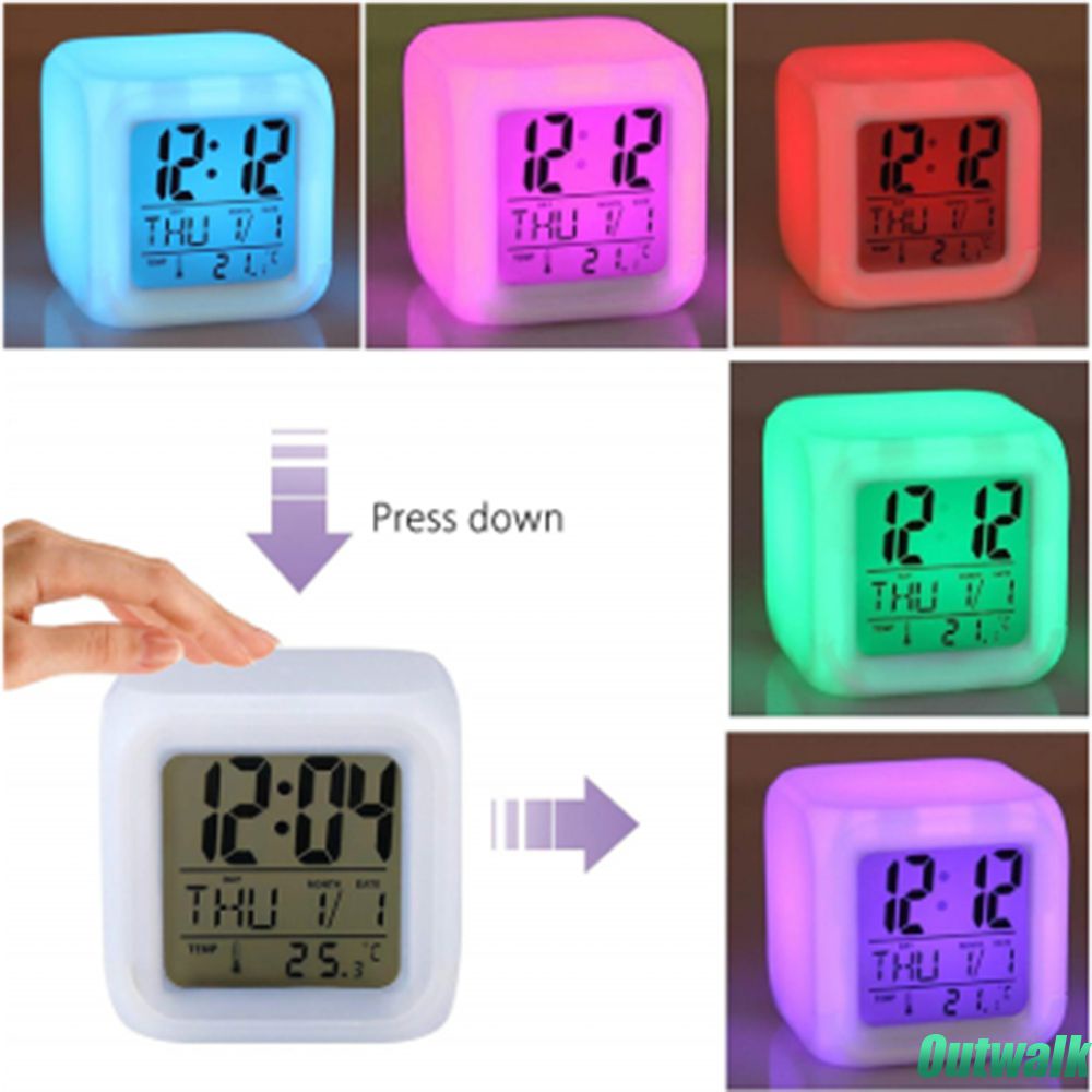 ღ 7 Warna Perubahan Led Jam Alarm Digital dengan Tanggal Alarm Thermometer Portable Jam Alarm Thermometer Malam Bersinar Rumah Kamar Tidur dekorasi