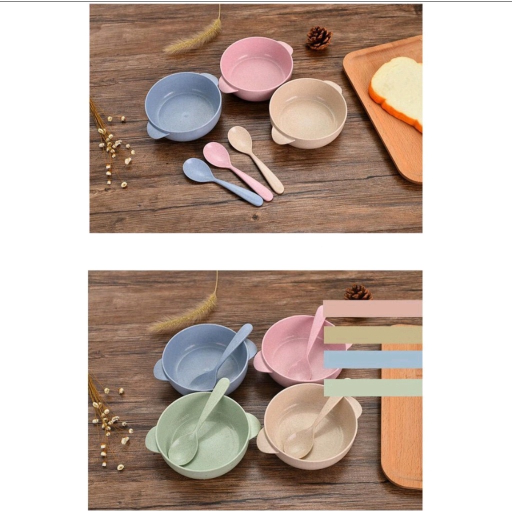 MANGKOK DAN SENDOK ANAK / MANGKOK MAKAN MINI + SENDOK / MANGKOK MAKAN TEBAL BPA FREE / SET MANGKUK MAKAN BAYI BAHAN JERAMI / WHEAT STRAW BOWL + SPOON / PERLENGKAPAN MAKAN ANAK BAYI (IP)