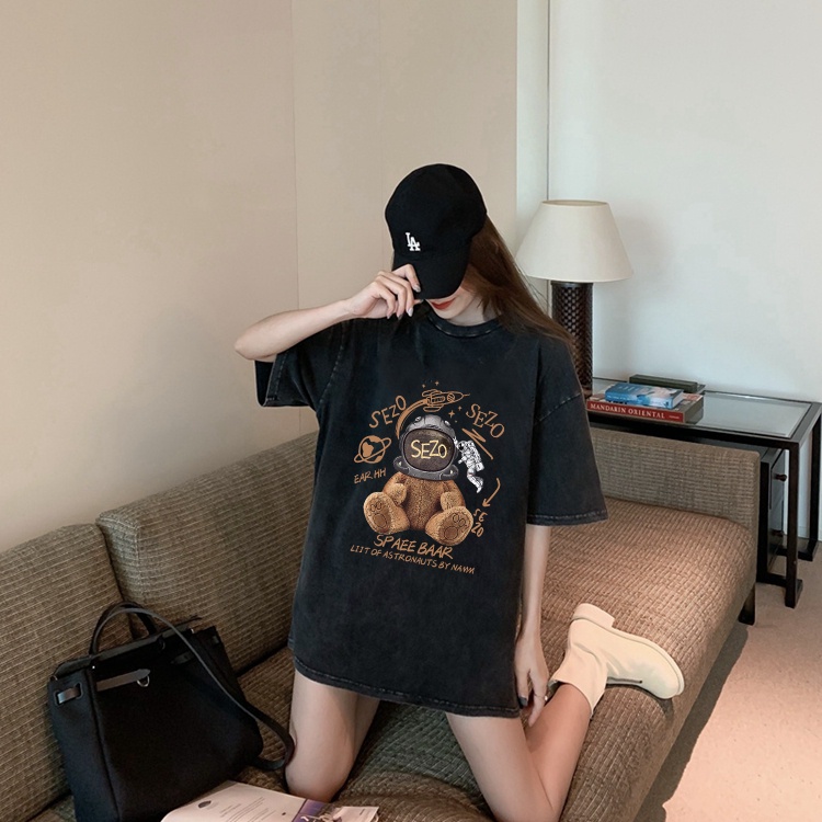 XIAOZHAINV Kaos Atasan Wanita Bear Pattern Lengan Pendek A0148