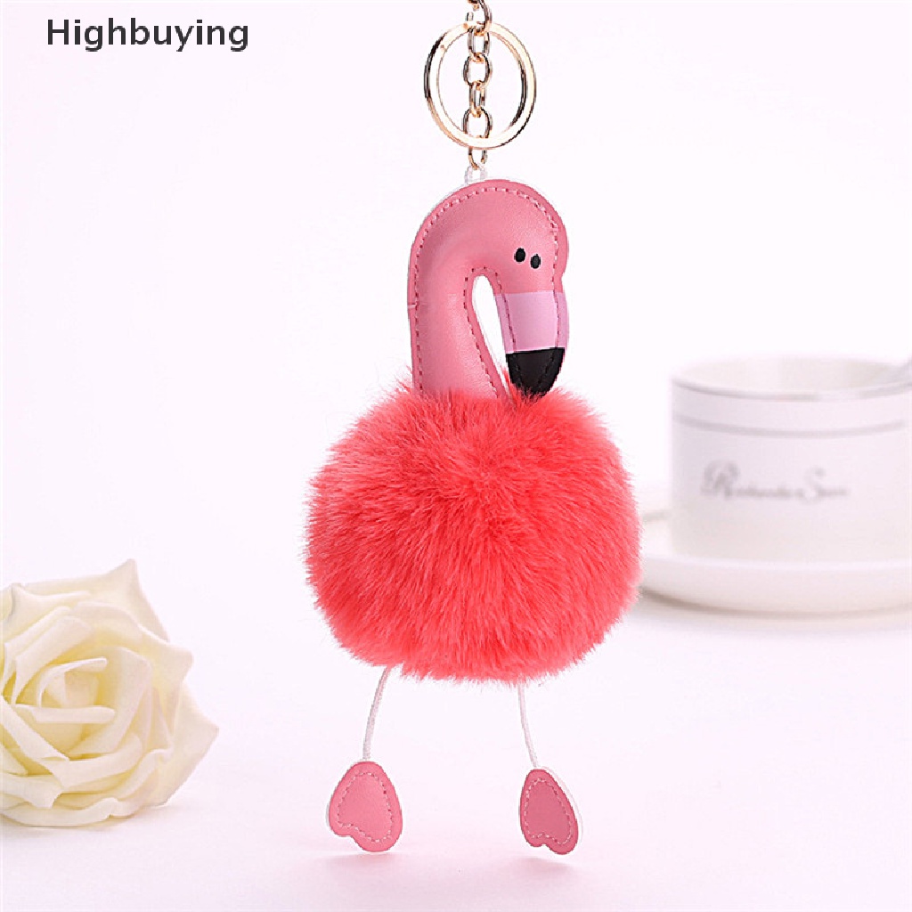 Hbid Gantungan Kunci Flamingo Fluffy Faux Rabbit Fur Ball Key Chain Wanita Gantungan Kunci Tas Mobil Glory