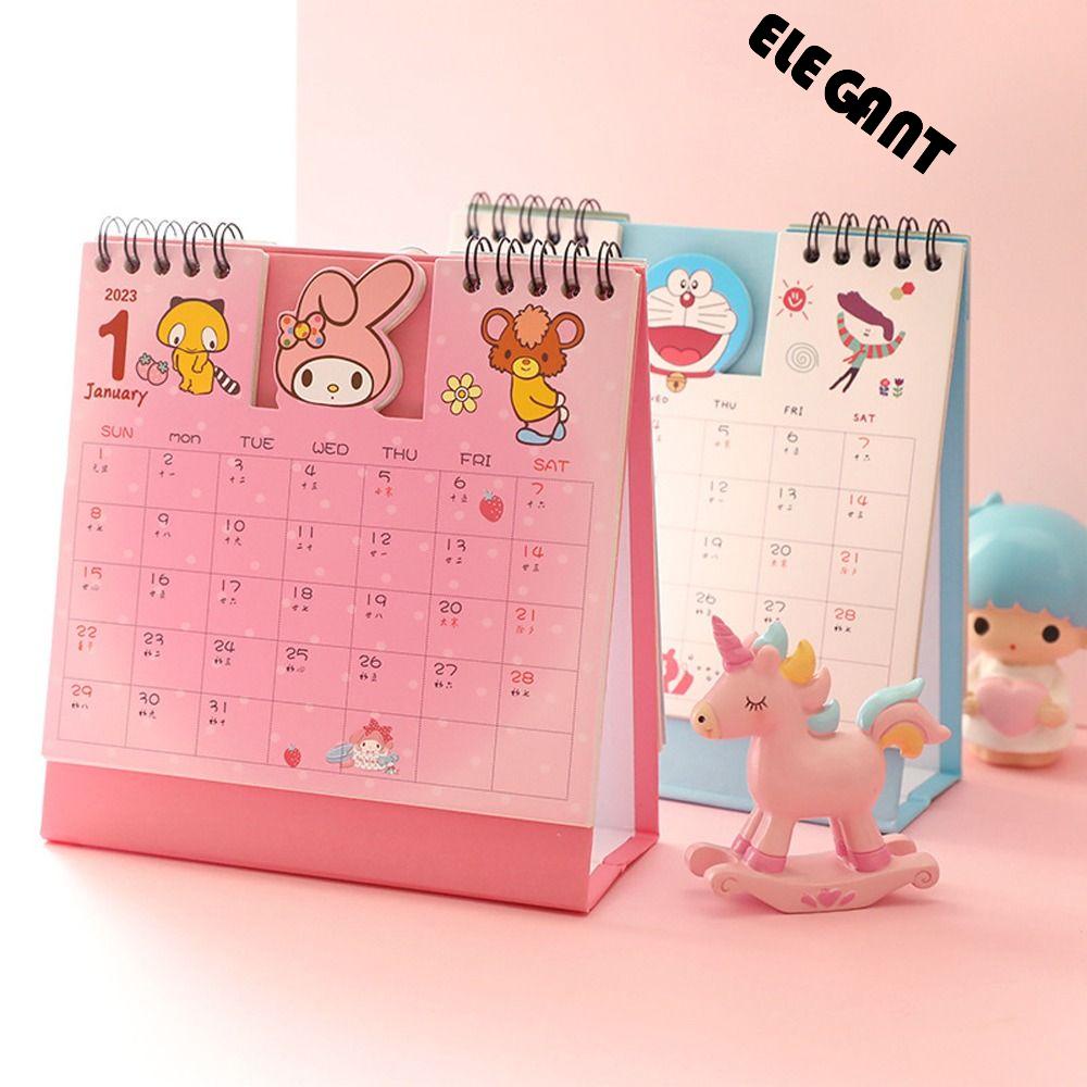 [Elegan] Kalender Meja 2023tahunan Kawaii Kartun Siswa Perencana Berdiri Sendiri Agenda Mini Tabletop Cowok Cewek Standing Flip Calendar