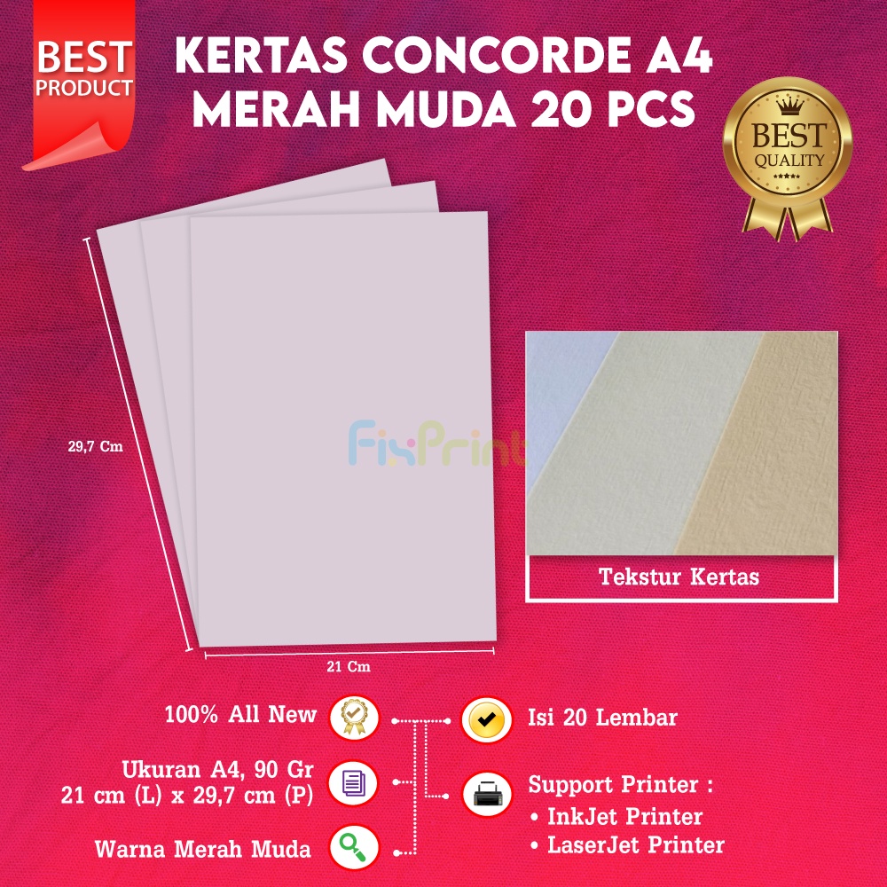 

Kertas Concorde 90gr A4 1pack isi 50 Lembar Merah Muda 210mmx297mm