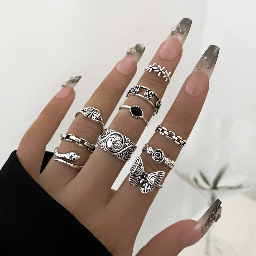 Cincin Vintage Punk Fashion Yinyang Timbul Gajah Geometris Cincin Set 14pcs Aksesoris Elegan