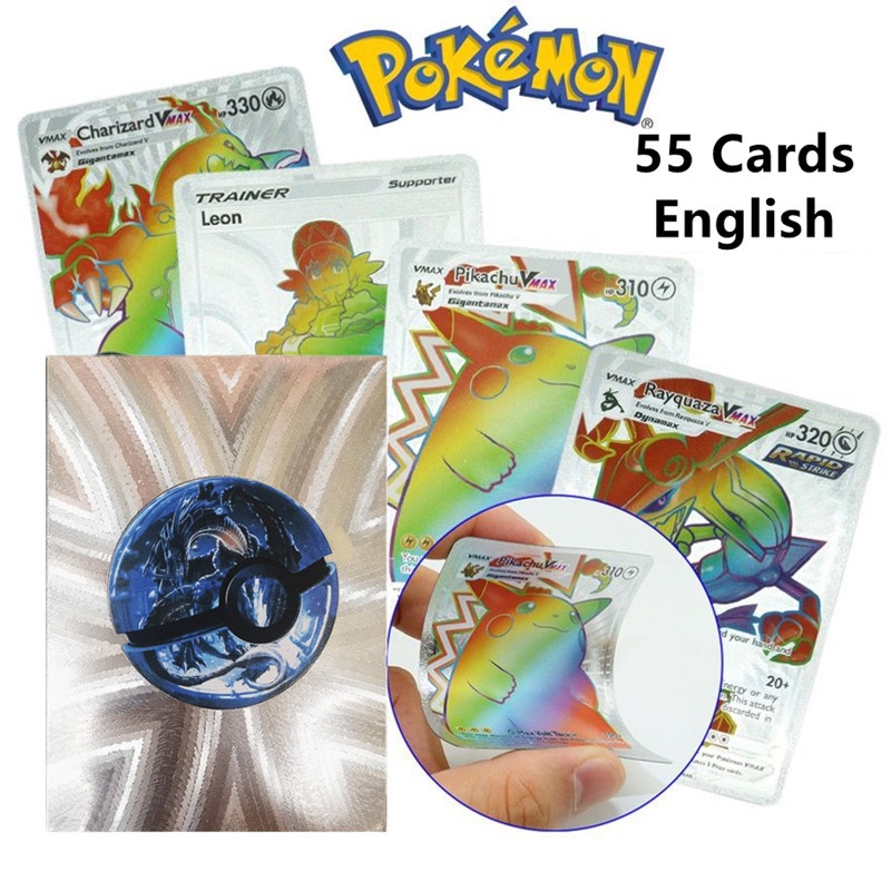 55pcs/box Kartu Rainbow Pokemon Gold Vmax GX EX Silver Hitam Flash Card English Battle Trainer Booster Game Cards