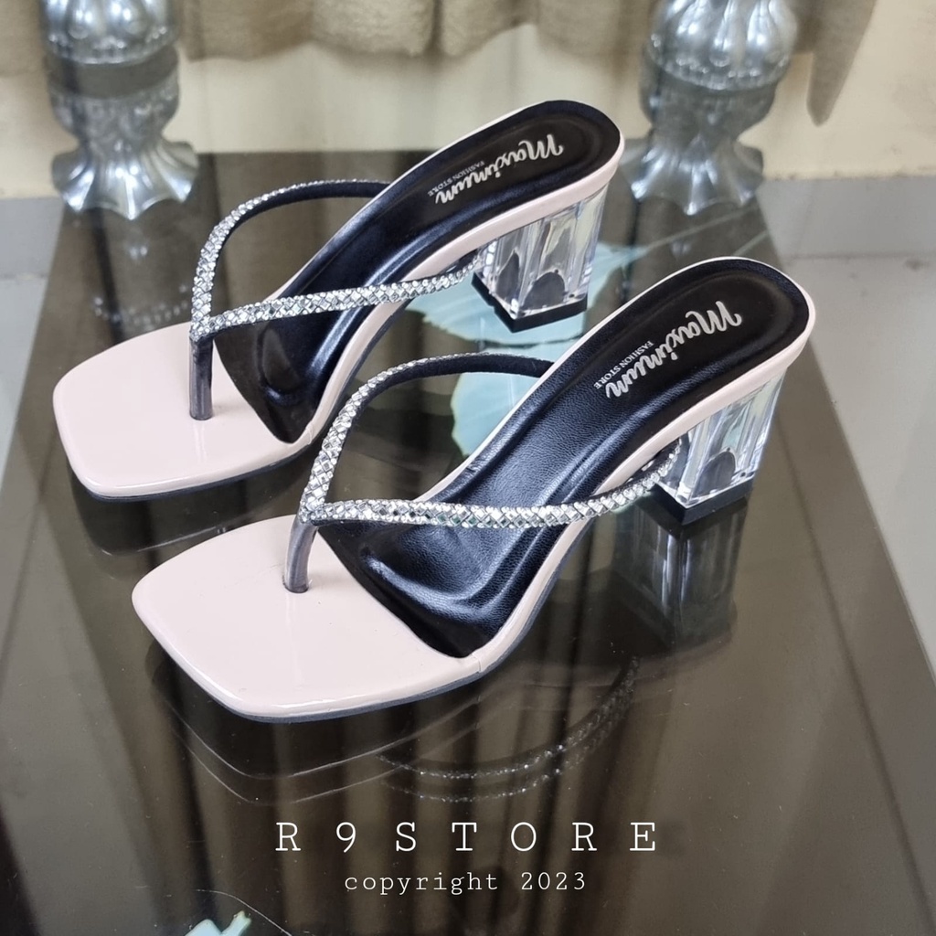 R9 Sandal Wanita Heels Kaca Jepit Premium