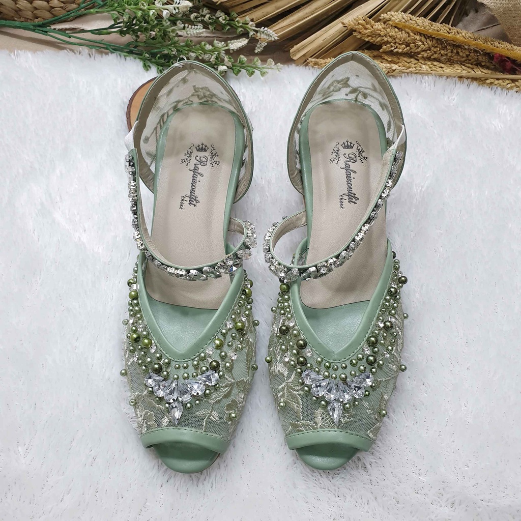 Sepatu wedding pesta cantik Lavanya hijau mint 5cm kaca
