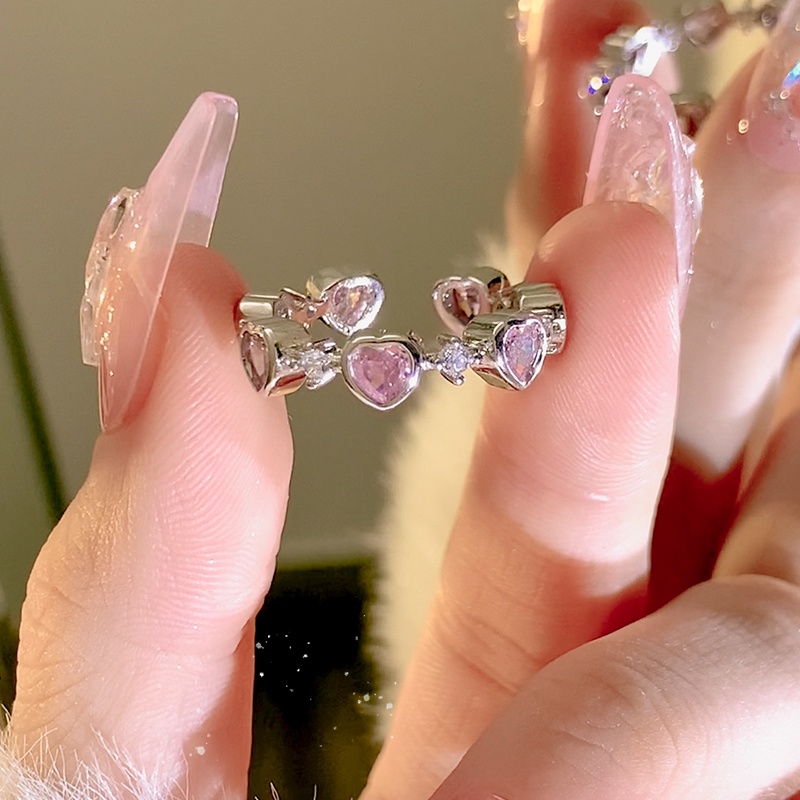 Cincin Silver Zircon Pink Manis Kristal Hati Pembukaan Adjustable Rings Untuk Aksesoris Perhiasan Wanita
