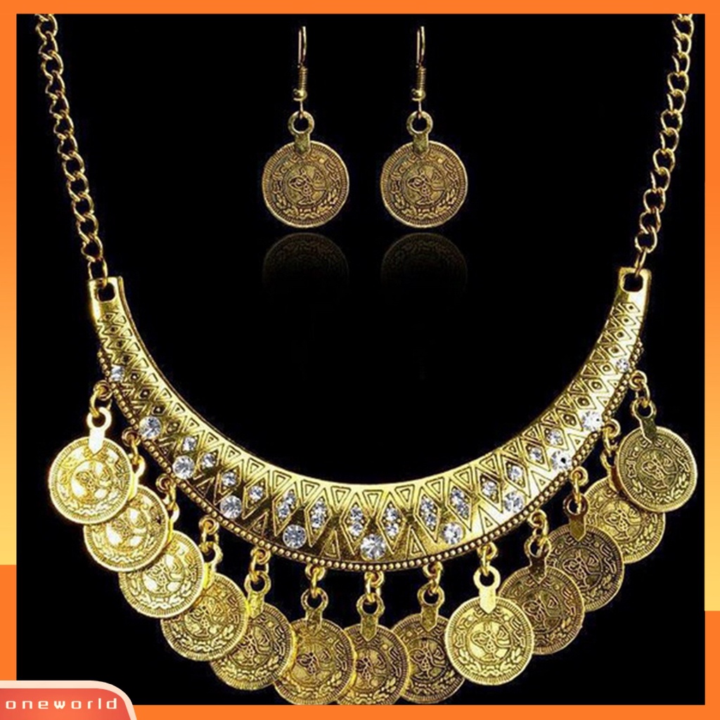 OW@ Vintage Antique Coin Statement Choker Chain Hoop Earrings Necklace Set Jewelry