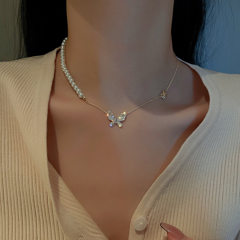 Baru Sederhana Ringan Mewah Berlian Bertatahkan Cinta Air Tawar Mutiara T-Bgesper Kalung Fashion Temperamen Klavikula Rantai