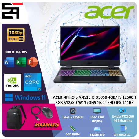 Acer Nitro 5 AN515 RTX3050-4GB i5 12500H 16GB 512GB SSD W11+OHS 15.6 Inchi FHD IPS 144Hz