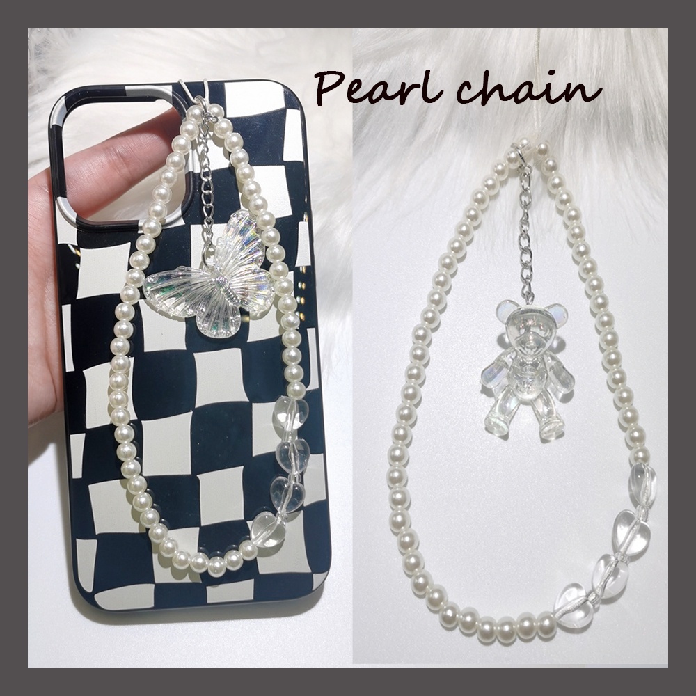 Ins Lucu Beruang Kupu-Kupu Rantai Ponsel Anti Hilang Lembut Tembikar Tali Tali Tali Lanyard Mutiara Manik-Manik Akrilik Warna-Warni Kasus Ponsel Gantung Kabel