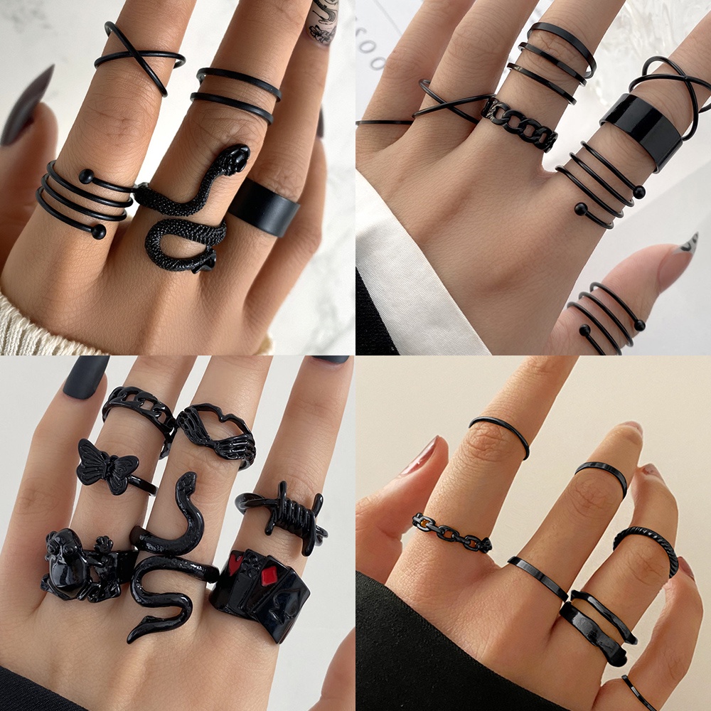 Vintage Gothic Metal Rings Set Untuk Wanita Pria Unisex Geometris Retro Multi Knuckle Joint Finger Ring Ular Perhiasan Trendi