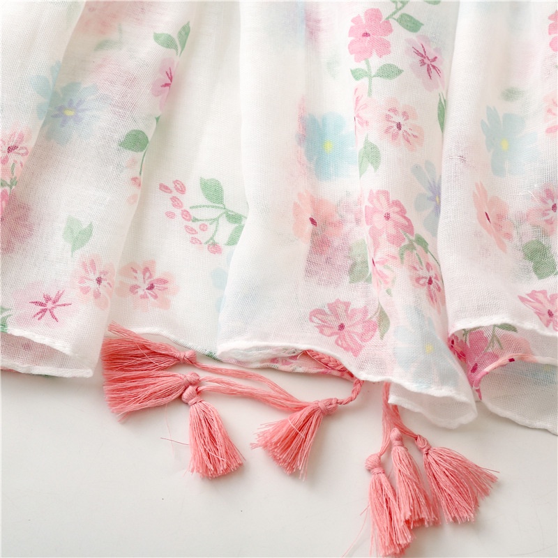 ITSFRIDAY LYLIA Scarf - Premium Pashmina Shawl Selendang Syal Pasmina Hijab Import Motif Flower Pink White Tassel