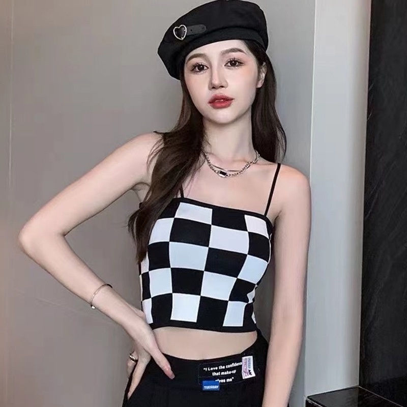 T&amp;Y Tanktop Wanita Motif Kotak 6557 Bra Wanita Model Papan Catur Pakain Dalam Wanita Crop Top Rajut Ala Korea Murah Import