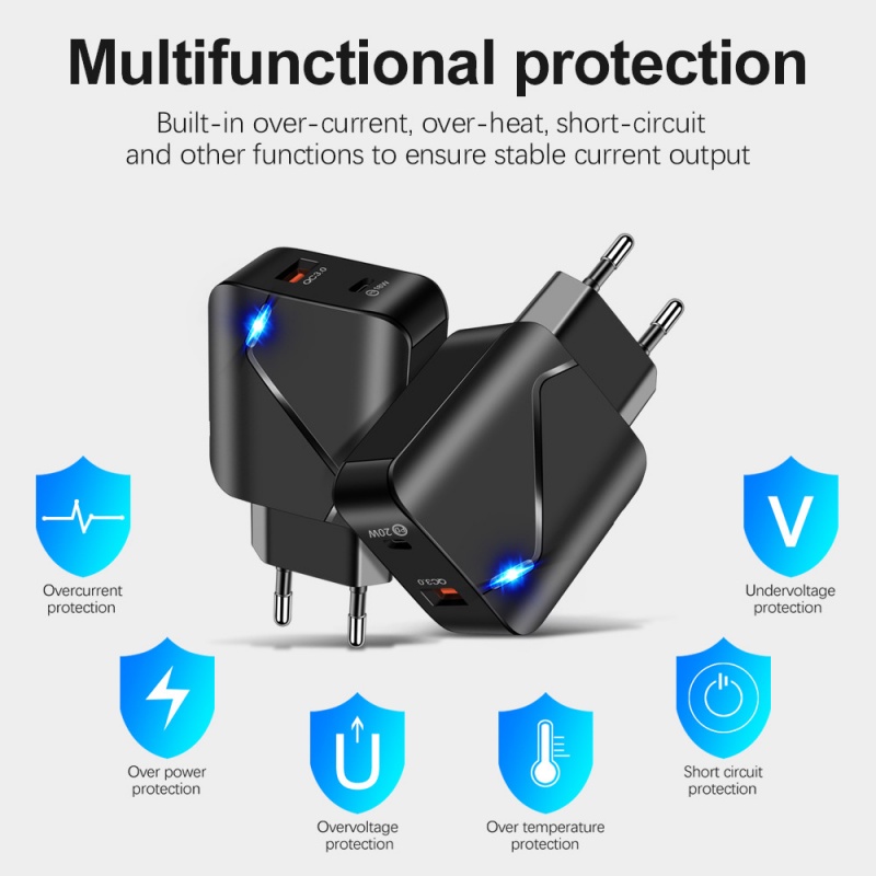 Luminous PD20W+QC3.0 3A USB Charger Ponsel Pengisian Cepat Dual-port US-European Fast Charging Travel Charger