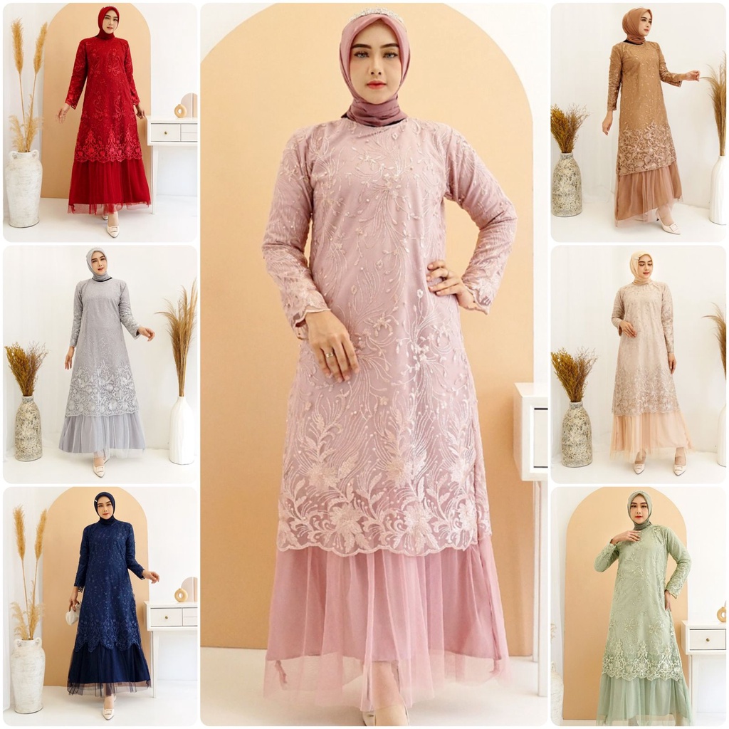 (Pasti RealPict) Gamis Arini FULL Tile Bordir Mutiara Glitter Brukat Tulle Brokat Maxi Dress Pesta