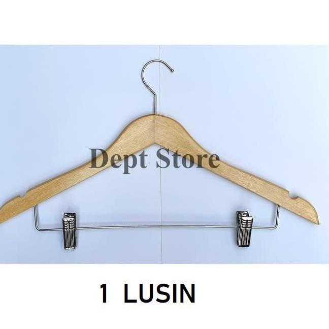 ★ Hanger Kayu Jepit Besi (1 Lusin) Gantungan Baju Model Palang Jepit Besi Setelan ♟