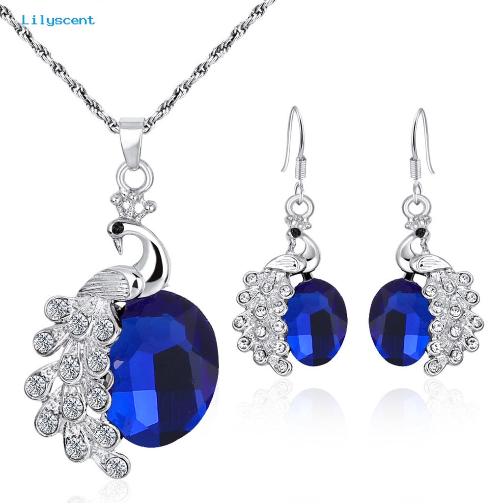 [LS] 2pcs/set Kalung Anting Set Biru Kristal Imitasi Kepribadian Glitter Indah Bentuk Merak Hias Berlian Imitasi Liontin Anting Kalung Perhiasan Aksesori