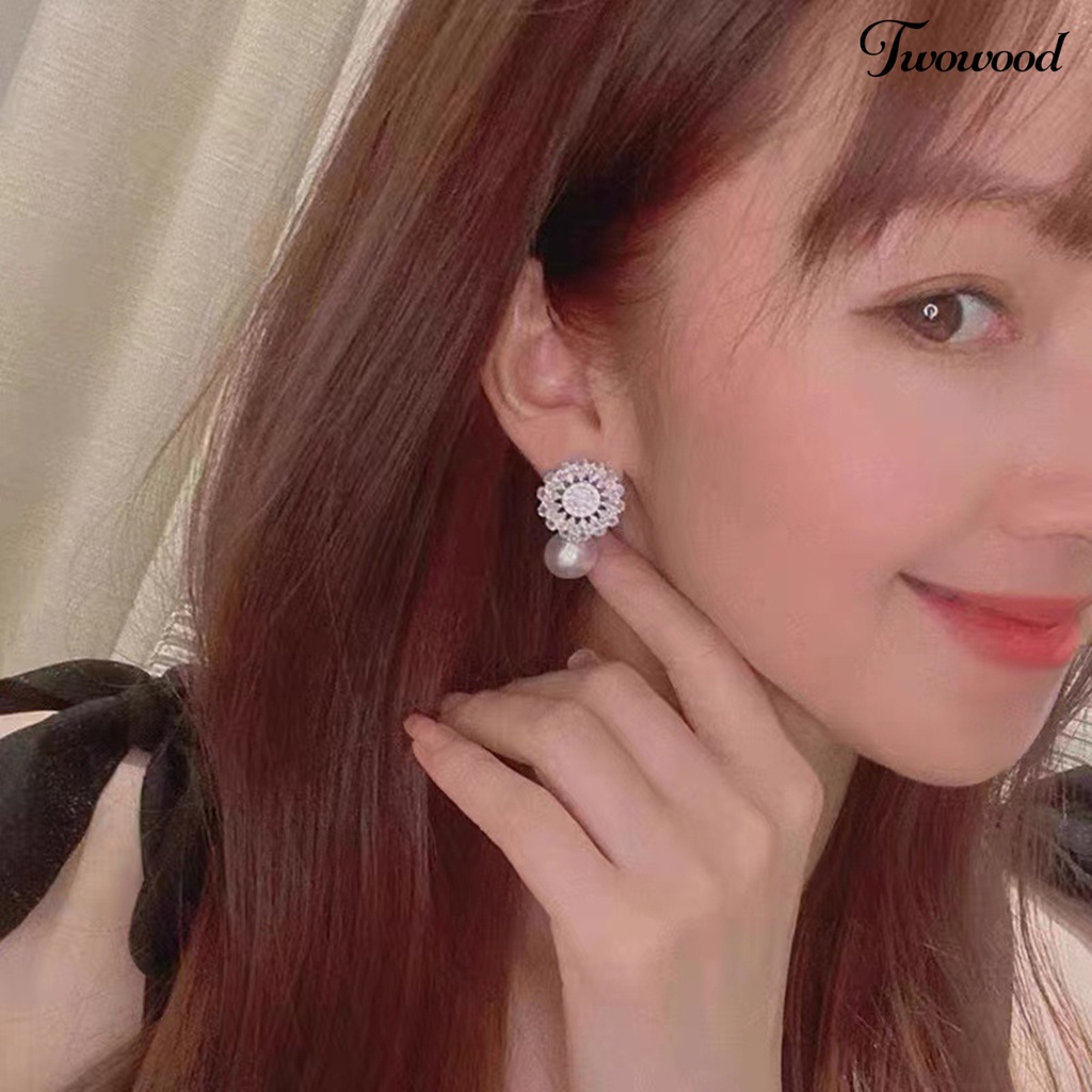 Twowood 1pasang Drop Earrings Cubic Zirconia Shiny Charming Geometric High-end Dekorasi Aksesori Baroque Bunga Imitasi Mutiara Anting Perhiasan Pertunangan