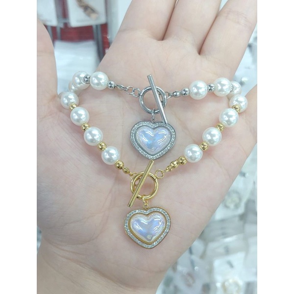 kalung mutiara love fashion wanita titanium anti karat anti luntur