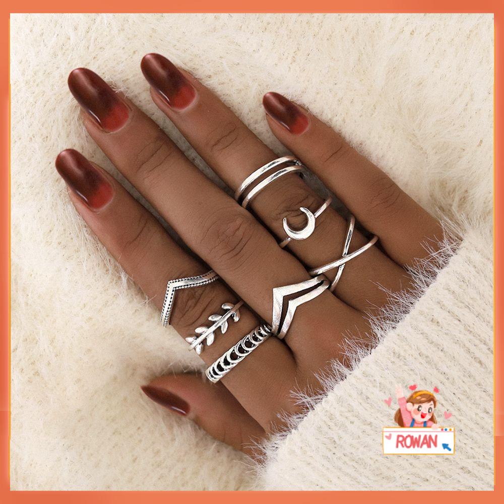 R-flower 7PCS/Set Cincin Set Punk Rock Wanita Cincin Jari Tipis Warna Silver