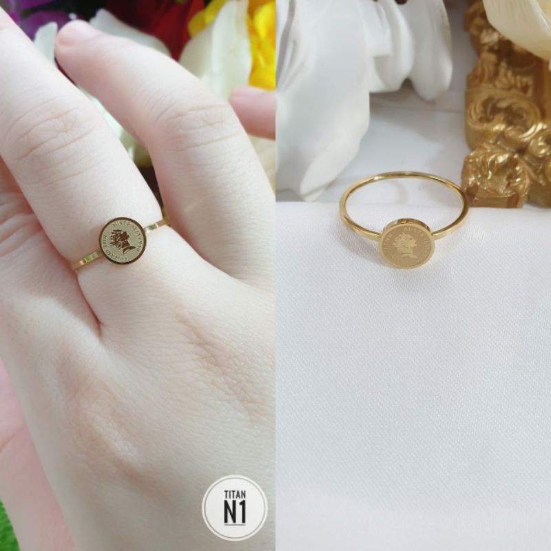 Cincin Titanium Wanita Anti Karat Fashion Korea Koin Bulat