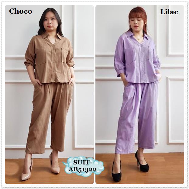 AB51322 Setelan Baju Kemeja Lengan Pendek Celana Panjang Kulot Crop Midi Karet Wanita Korea Import U
