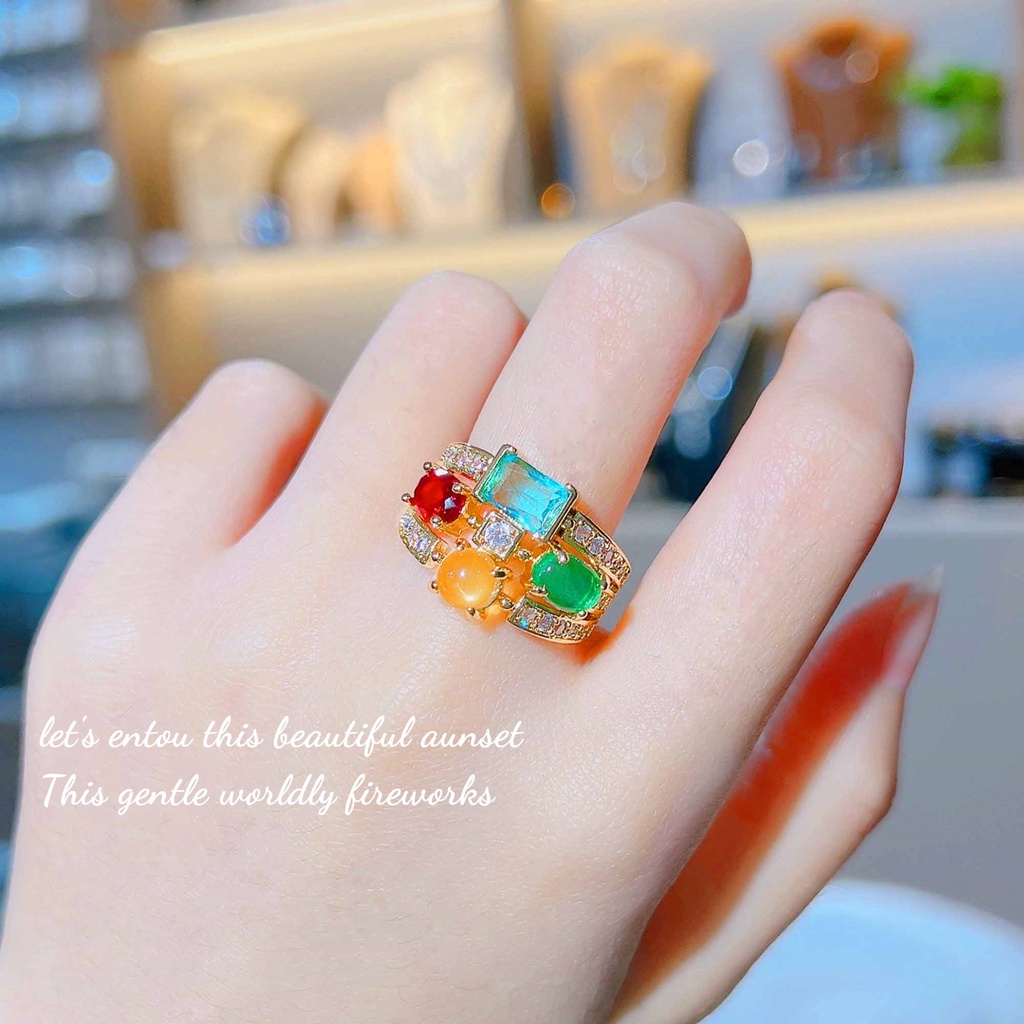Goldkingdom Aksesoris Perhiasan Fashion Ready Stockvintage, Anting Prancis Vintage, Baojia Bersinar Kalung Permen Persegi, Tapal Kuda Gema Pelangi Cincin