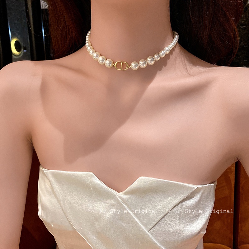 Temperamen Retro Kalung Mutiara Pendek Korea Fashion Kalung Huruf Emas Untuk Wanita Fashion Aksesoris Hadiah