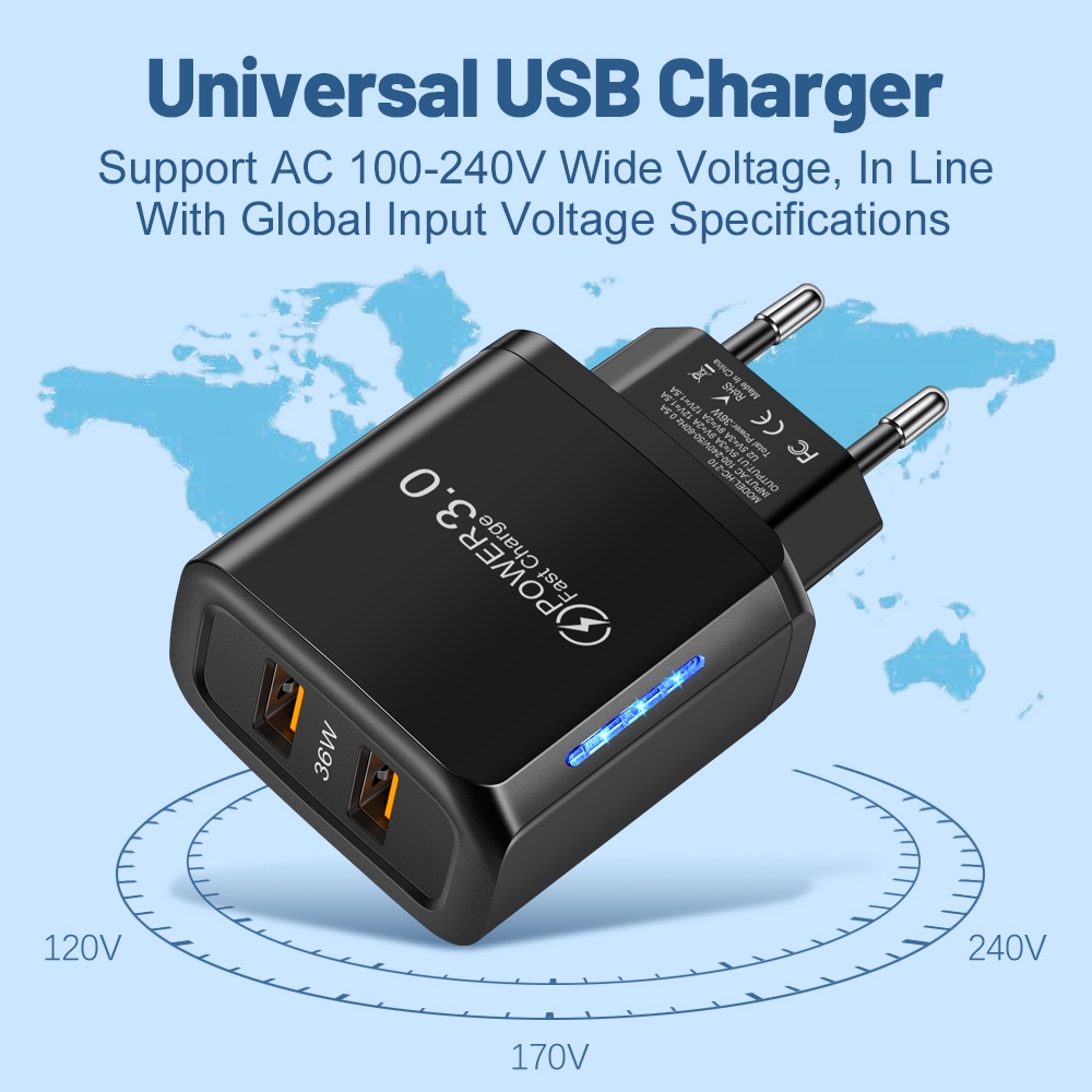 36w Pengisian Cepat Dual USB Type C Charger Ponsel QC3.0 Adaptor Daya Pengisian Cepat Charger Dinding Dengan Lampu