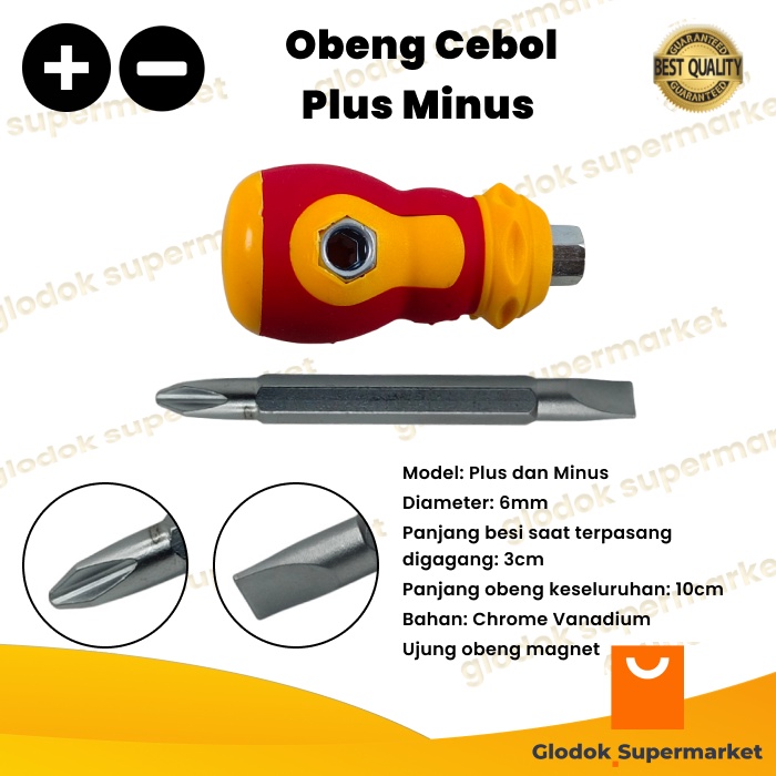 Obeng Cebol Bolak Balik Diameter 6mm Plus Minus Gagang Karet Mini