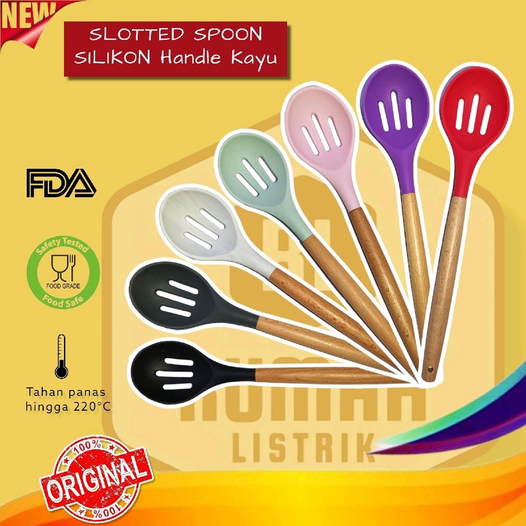 SLOTTED SPOON Silikon Gagang Kayu Sendok Sayur Penyaring Spatula Sodet RANDOM