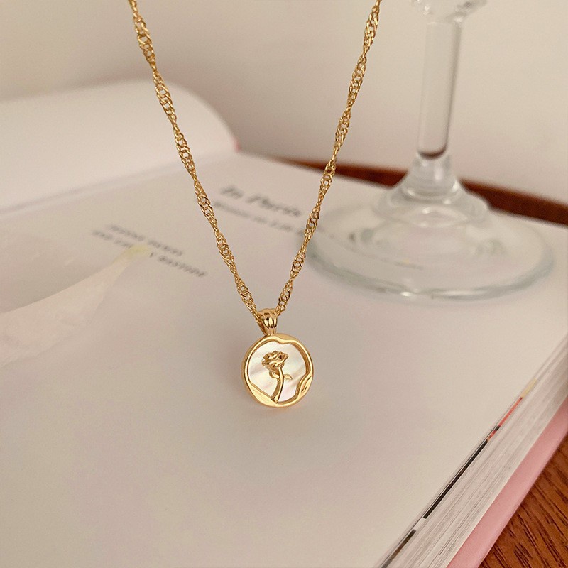 Roselife Vintage Rantai Twist Emas Bulat Drop Rose Pendant Kalung Wanita Perempuan Elegan Gaya Retro Perancis Tulang Selangka Chain Necklaces Perhiasan Aksesoris