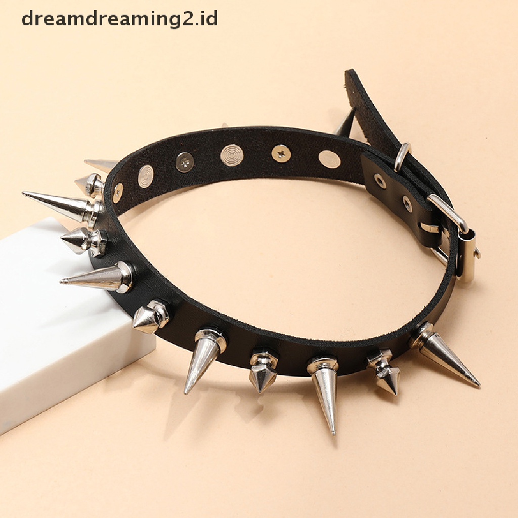 (dream) Long Spike Choker Punk Faux Leather Collar Aksesoris Kalung Gaya Goth.