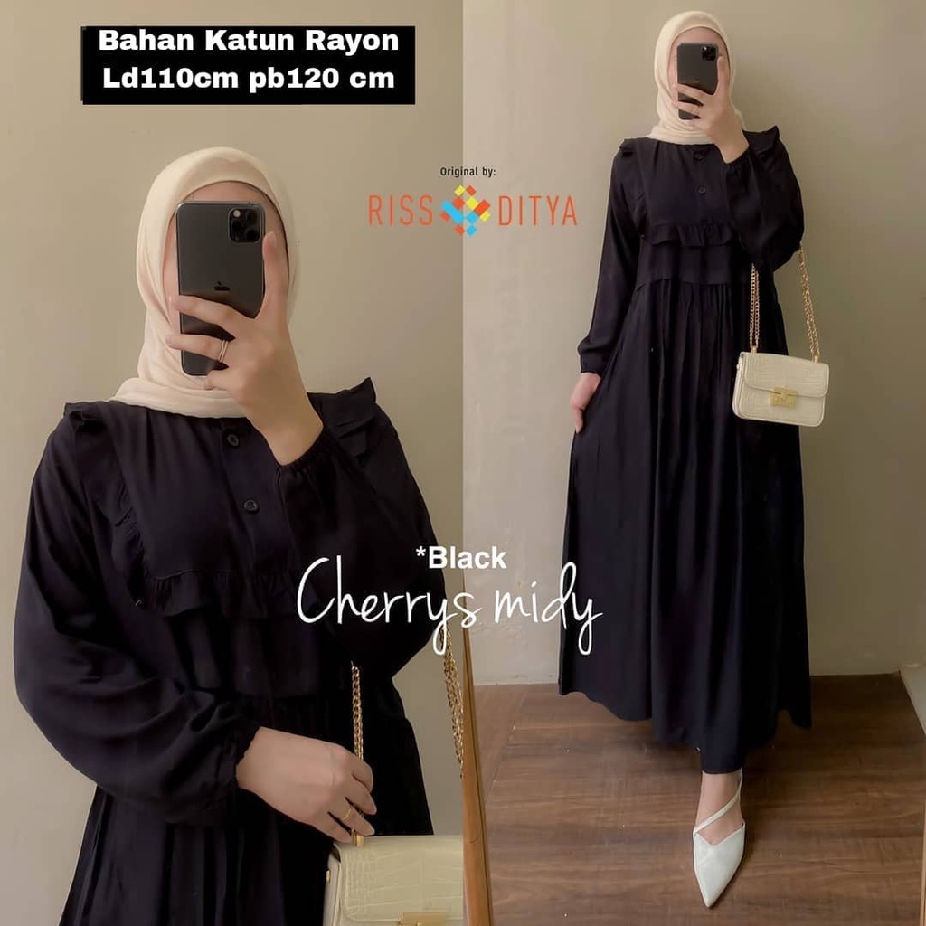 Saukiah Dress Gamis Ceruty Full Furing Free Belt Terbaru 2023 Lebaran  [ New ] Cherrys Midi / Dress