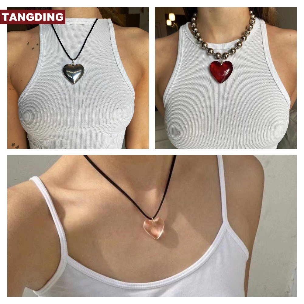 [COD Tangding] Kalung Liontin Kristal Hati Sederhana Wanita Kepribadian Hip Hop Choker Perhiasan Aksesoris