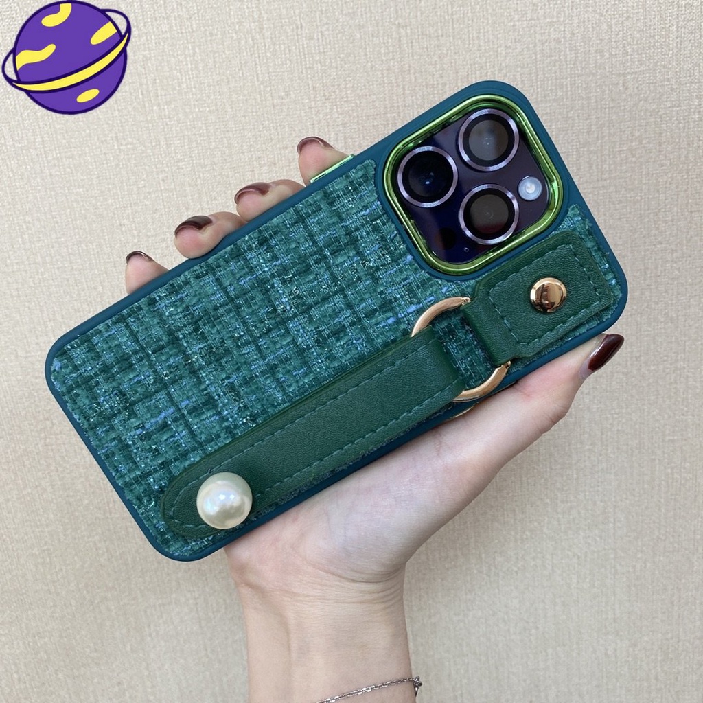 IPHONE Soft Case Tali Pergelangan Tangan Bahan Kulit Warna Hijau Tua Untuk Iphone12 13 14 11 Pro Max14 Plus Casing Belakang Kain Imitasi