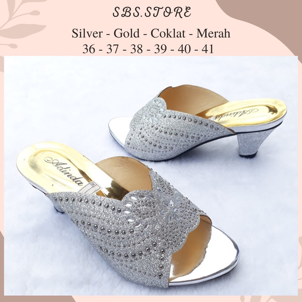 Sendal Wanita Payet Heels 5cm/Sandal Pesta Kekinian High Heels Selop Hak Tahu Wedges Wanita Terbaru