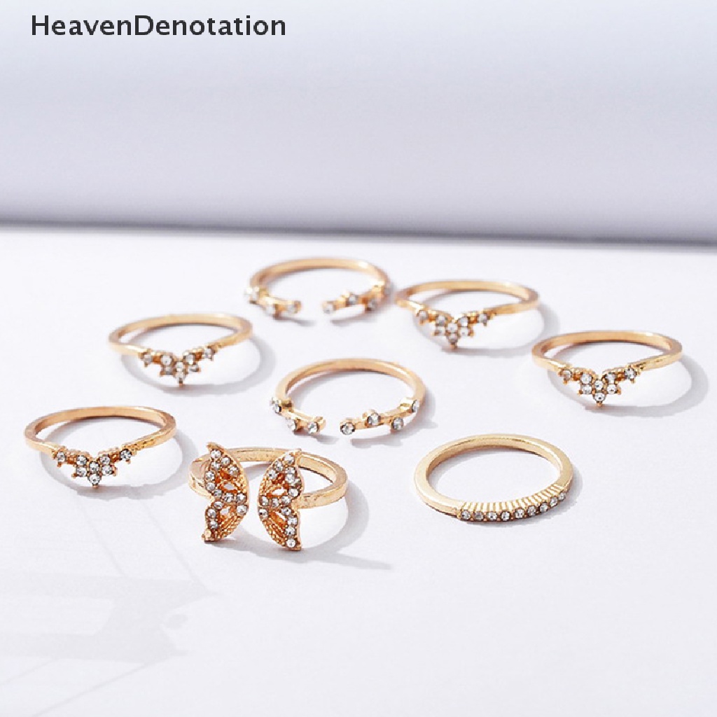 [HeavenDenotation] 8pcs/set Bohemian Kupu-Kupu Cincin Set Untuk Wanita Fashion Temperamen Berlian Bertatahkan Bunga Buku Jari Cincin Perempuan Pesona Perhiasan Hadiah HDV