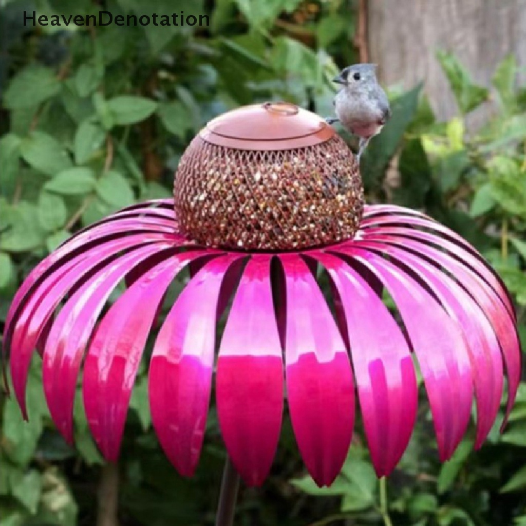 [HeavenDenotation] Botol Burung Dengan Stand Metal Berbentuk Bunga Dekorasi Taman Luar Ruangan Pink Coneflower Bird Wadah Aksesoris HDV